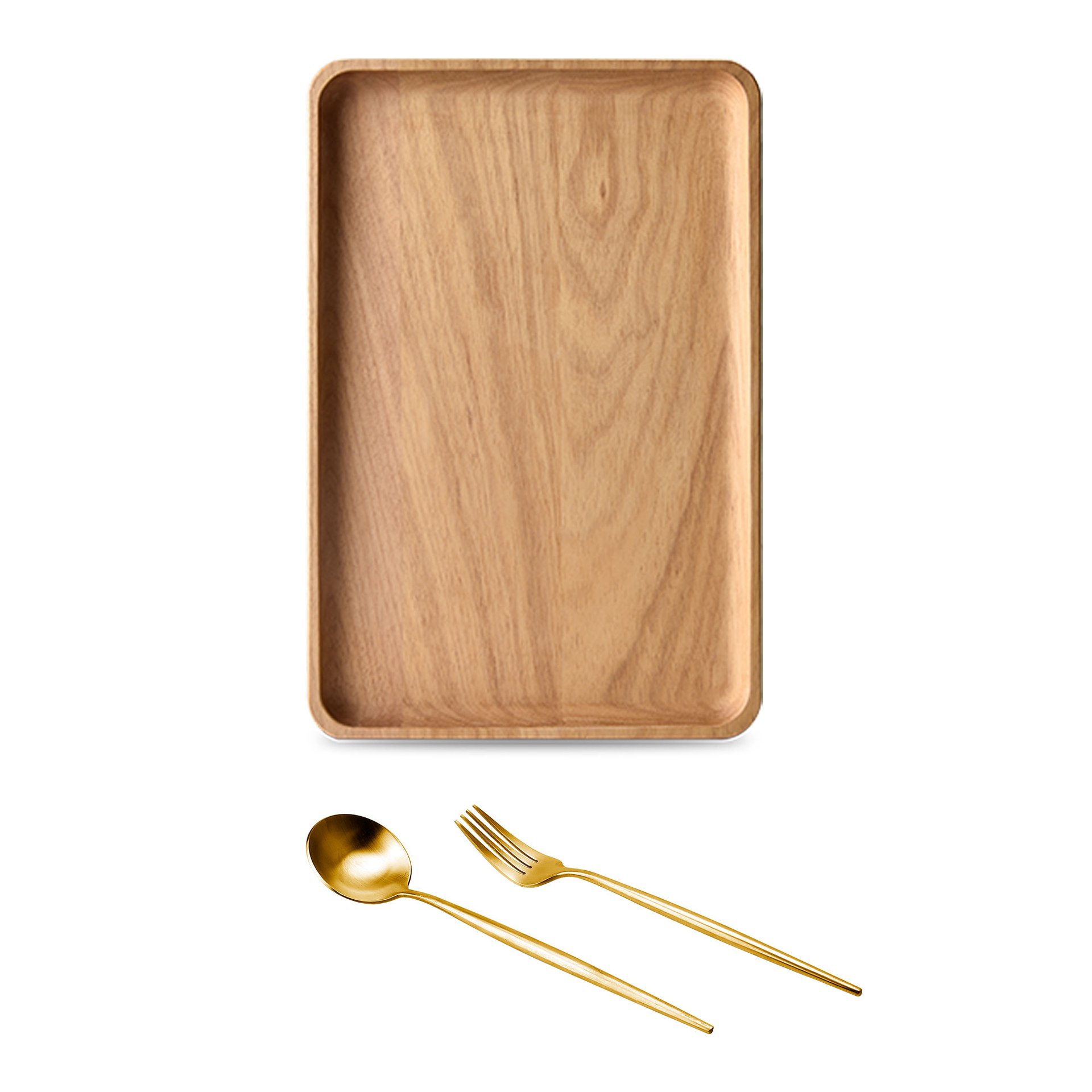 Rectangle Serving Tray with 2PC Cutlery Set  - Teak Wood for Multiple Uses and Decoration BH7176