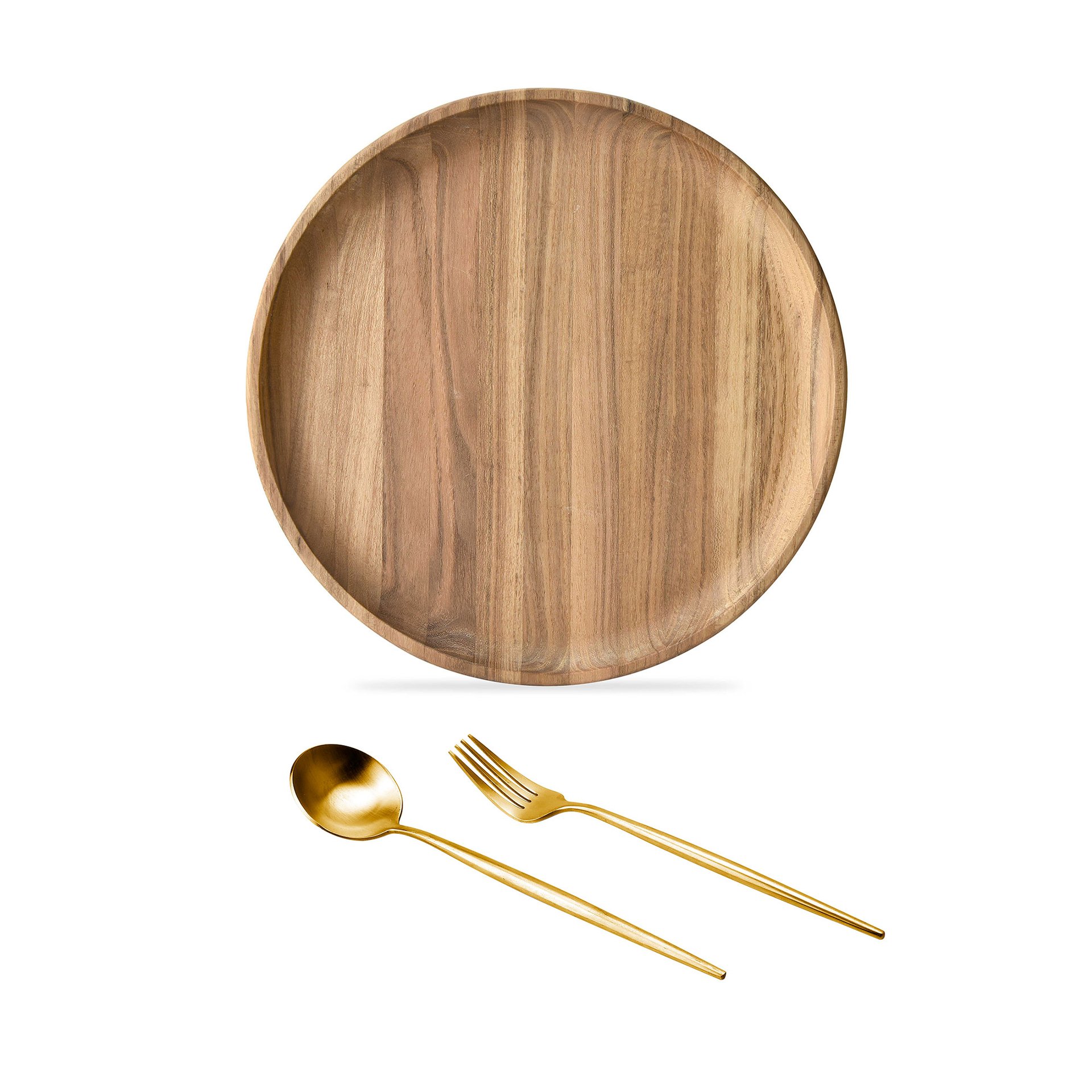 Wooden Round Serving Tray with 2-Piece Cutlery Set  - Tray , Fork and Spoon BH7183